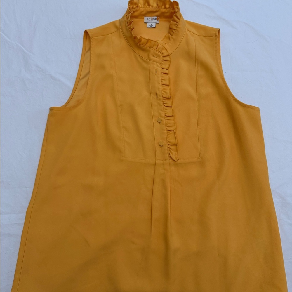 J.Crew Mustard Yellow Silk-Like Sleeveless Ruffle Mock Neck